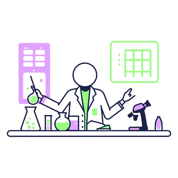 A stickman scientist is standing behind a laboratory bench, wearing a white lab coat. In front of him, there are several glass beakers filled with colorful liquids, with one beaker bubbling over. The stickman has a round head and elongated limbs, with one hand holding a stirring rod and the other hand reaching towards a notebook that is open on the bench. There is a microscope on the right side of the bench, and a periodic table is hanging on the wall behind him.
