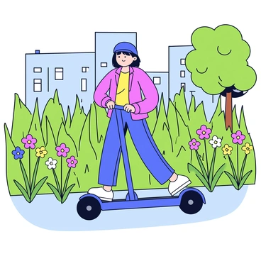 A person riding a Segway, wearing a helmet and a comfortable outfit, is gliding through a dense urban park. The park is surrounded by tall grass that sways gently in the breeze. Colorful wildflowers bloom sporadically amidst the greenery, adding vibrant splashes of color to the scene. Sunlight filters through the leaves of nearby trees, creating dappled shadows on the ground. The background features a few modern buildings visible beyond the park's edge.