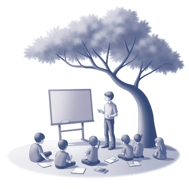 An open-air classroom set beneath a large, leafy tree, providing shade for the learning space. Several children are seated on the grass, attentively listening. A teacher stands in front of a chalkboard, writing notes with chalk. The teacher is wearing a casual outfit and has a focused expression. The children display a range of expressions, from curiosity to concentration. The tree's branches extend overhead, framing the scene as they create a natural canopy above the class. There are scattered educational materials, such as books and notebooks, around the children.