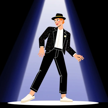 A stage with a bright spotlight illuminating a performer. The performer is a male figure wearing a sequined black jacket, a white shirt, and black pants. He is striking a dynamic dance pose, emphasizing his signature moves. The background is dark, enhancing the effect of the spotlight on the performer. The performer has short, curly hair and is wearing a black fedora tilted slightly to the side. The atmosphere is filled with energy, capturing the essence of a live performance.