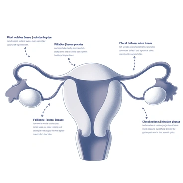 A detailed diagram illustrating the stages of the ovulation cycle in a woman's body. It features labeled sections that represent different phases, such as the follicular phase, ovulation, and luteal phase. Each section includes anatomical illustrations of the ovaries and uterus, showcasing the development of follicles and the release of an egg. The diagram also highlights hormonal changes that occur during each stage, with arrows indicating the flow and progression of the cycle. Key terms are enclosed in quotes for clarity.