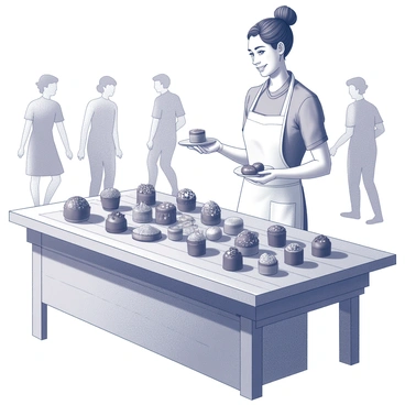 A market stall is set up with a wooden table displaying an array of beautifully crafted truffles. The chocolatier stands behind the table, wearing a white apron, with a welcoming smile. They hold a small plate with several truffles, ready to offer samples to passersby. The backdrop includes market-goers, some stopping to look at the delicious offerings, while others stroll by, creating a bustling atmosphere. The truffles are arranged artfully with various toppings, showcasing their rich textures and shapes.