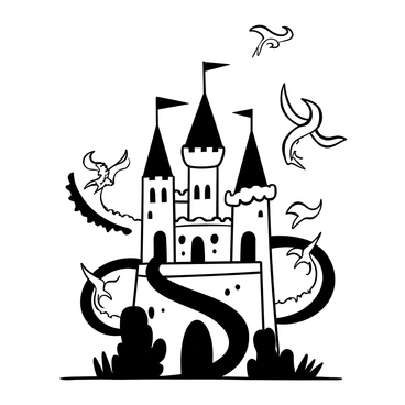 A towering fantasy castle with multiple tall, pointed turrets reaching into the sky. The castle is made of stone with intricate carvings and flags fluttering from the tops of the turrets. Surrounding the castle are several dragons, each with their wings spread wide, soaring gracefully among the turrets. The scene conveys a sense of grandeur and adventure, with the dragons swirling around the castle in a dynamic formation. The ground is dotted with lush greenery, and the castle casts long shadows over the landscape.