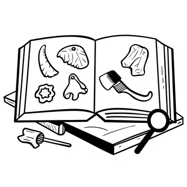 An open book with detailed pages showcasing illustrations of various dinosaur fossils. Each illustration depicts a different dinosaur fossil, such as a T. rex skull, a triceratops frill, and a brontosaurus vertebra. The book is placed on a wooden table with subtle textures visible on the surface. There are small tools like brushes and a magnifying glass beside the book, suggesting a paleontological study.