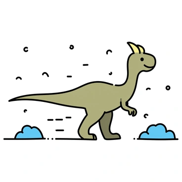 An iguanodon, with a large body and a distinctive thumb spike, is playfully walking through light snow. Its greenish-brown skin is contrasted by the white snowflakes that gently fall around it. The dinosaur's footprints, large and rounded, trail behind in the freshly fallen snow, creating a winding path. In the background, soft mounds of snow form a minimalistic landscape, enhancing the scene's tranquility.