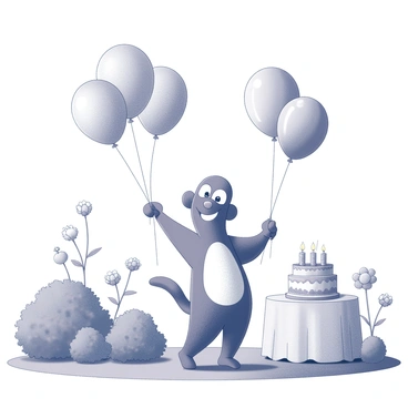 An elch standing upright in a garden. It is joyfully holding multiple balloons that are varied in size and shape, each balloon appears to have distinct designs. The garden is filled with various flowers, including some that are tall and blooming. There are green bushes surrounding the elch, adding to the festive atmosphere. In the background, there is a decorated table with a birthday cake and party supplies, suggesting a birthday celebration. The elch has a cheerful expression, enhancing the celebratory mood.