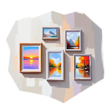A wall adorned with multiple picture frames, each showcasing a different photograph of natural landscapes. The frames vary in design, some being ornate while others are simple and modern. Each photograph features distinct scenes of nature, including a vibrant sunset over a mountain range, a tranquil beach with gentle waves, a dense forest with sunlight filtering through the trees, and a serene lake surrounded by colorful autumn foliage. The arrangement of the frames creates a visually engaging display, inviting the viewer to appreciate the beauty of each landscape.