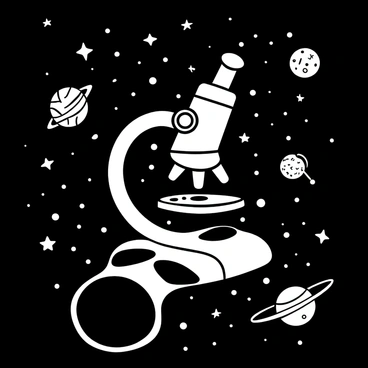 A large microscope is floating in a dark expanse of space, its body detailed with intricate mechanisms and reflective surfaces. Surrounding the microscope are numerous stars, shining in different sizes and patterns. Several planets, depicted with various textures and sizes, orbit around the microscope, adding depth to the cosmic scene. The background is filled with scattered celestial bodies, enhancing the sense of a whimsical space environment.