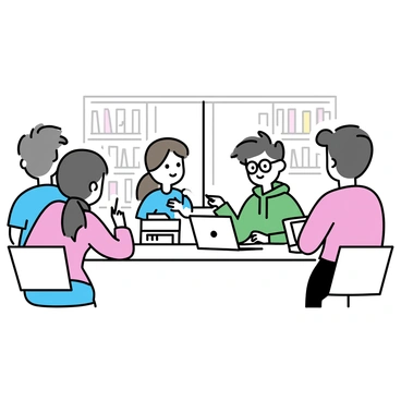 A group of four students is gathered around a large rectangular table in a library. One student, wearing glasses and a green hoodie, is pointing at an open laptop in front of him. Another student, a girl with long brown hair in a ponytail, is taking notes in a notebook, while a third student, wearing a blue t-shirt, is holding a stack of books. The fourth student, wearing a red sweater, is listening intently with a pen in hand, ready to contribute ideas. The library shelves in the background are filled with books, and a large window allows natural light to illuminate the scene.