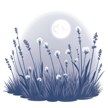 A night scene featuring milkweed plants arranged in a natural setting. The milkweed plants have tall, slender stems with clusters of delicate, white flowers. The moon is positioned high in the sky, casting a soft light that gently illuminates the milkweed, creating subtle shadows on the ground. The surrounding environment is filled with dark silhouettes of other plants and grasses, enhancing the focus on the milkweed. The composition highlights the tranquil atmosphere of the night.