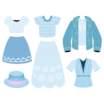 A collection of garments that blends traditional clothing styles from various cultures. Each outfit features intricate patterns and vibrant colors inspired by cultural heritage. One ensemble includes a long flowing skirt with embroidery reminiscent of African textiles, paired with a top that showcases Asian silk. Another outfit has a jacket designed with elements of Native American motifs, layered over a dress that reflects European lace techniques. The display is enriched with textiles that highlight the diversity of global fashion, creating a harmonious fusion of styles.