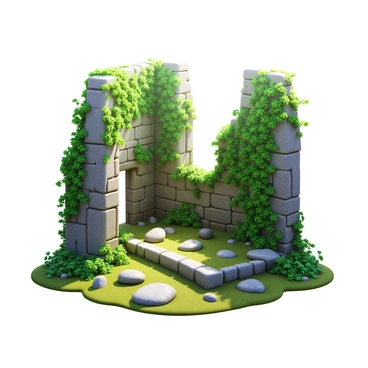 A 3D icon of ancient ruins, featuring crumbling stone columns and weathered walls. The structures are covered in green vines and patches of vibrant moss. Sunlight filters through the dense foliage, casting interesting shadows on the ground. The scene includes scattered rocks and small plants growing around the ruins, highlighting the passage of time.