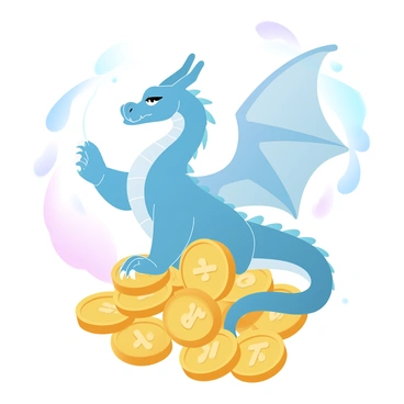 A large origami dragon is perched majestically on a shimmering pile of gold coins. The dragon showcases intricate folds and patterns, its wings elegantly spread out, capturing the light. The coins beneath it are various sizes, glistening in shades of yellow and gold, creating a rich, vibrant base. The background features a soft gradient of pastel colors, enhancing the visual appeal of the scene. A subtle glow surrounds the dragon and coins, adding to the magical atmosphere.