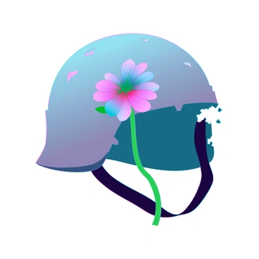A vibrant flower with bright petals, emerging through the cracks of a bullet-riddled helmet. The helmet is steel gray, showing evidence of damage with several holes and dents, creating a stark contrast with the delicate flower. The background is soft-focus, highlighting the helmet and flower as the main subjects. The flower's stem is green and sturdy, reaching out as if defiantly claiming its place in a once-war-torn environment. The scene conveys a strong visual message of resilience and the hope for peace.