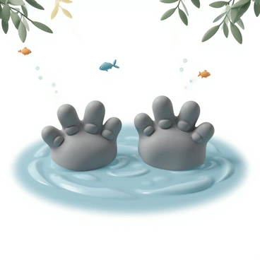 A pair of large hippo paws, partially submerged, resting in the cool, clear waters of a river. The water ripples gently around the paws, creating small waves. The paws are a muddy gray color with visible webbing between the toes. Sunlight filters through the tree canopy overhead, casting dappled light on the water's surface, while a few small fish swim nearby, creating a serene aquatic environment.