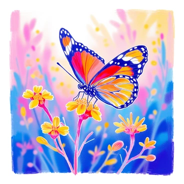 A "monarch butterfly" with vibrant orange and black wings is delicately perched on a "goldenrod stem." The butterfly's wings are spread slightly, displaying its intricate patterns. Surrounding the stem, small clusters of bright yellow "goldenrod flowers" are in full bloom, contrasting with the butterfly's colors. The background is softly blurred, emphasizing the butterfly and the flowers in the foreground. Sunlight gently illuminates the scene, creating subtle highlights on the butterfly's wings.