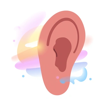 An ear is prominently outlined against a backdrop of a sunset. The sunset displays a spectrum of warm, glowing colors such as deep oranges, soft pinks, and gentle yellows blending seamlessly into one another. The ear is detailed, showcasing the intricate curves and shapes. The horizon line is visible, emphasizing the transition from day to night, with the vibrant colors creating an atmospheric glow surrounding the ear.