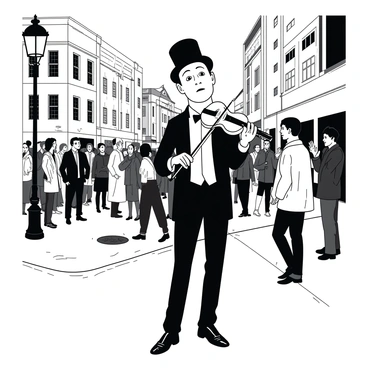 A white mime dressed in classic black and white attire is standing on a street corner, with an invisible violin held to his chin. His facial expressions are animated, showcasing deep concentration as he plays. In front of him, a small crowd of diverse passersby is gathered, some with smiles while others appear intrigued. The scene captures the mime's graceful hand movements, suggesting the beauty of his music. The street is lined with quaint buildings, adding a touch of charm to the lively urban atmosphere.