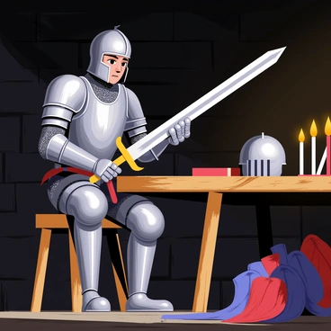 A knight with shining silver armor is sitting on a wooden stool in a dimly lit barracks. The knight is carefully sharpening a long, gleaming sword with a whetstone, focusing intently on the blade. Various pieces of armor, including a helmet and gauntlets, are spread out on a nearby wooden table. Flickering candlelight casts soft shadows on the stone walls, highlighting the intricate details of the armor. The atmosphere is filled with the scent of oil and leather, emphasizing the preparation for an upcoming battle.