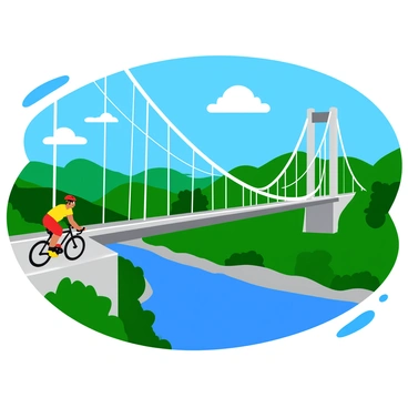A cyclist on a sleek road bike is crossing a long suspension bridge. The bridge spans a deep valley and features multiple cables gracefully arching upwards. Below the bridge, a river can be seen winding through the landscape. The cyclist is wearing a bright helmet and colorful cycling attire, pedaling steadily along the smooth road. Surrounding the bridge, there are green trees and rolling hills under a clear blue sky, with a few fluffy white clouds scattered throughout. The scene captures the dynamic movement of the cyclist against the expansive backdrop.