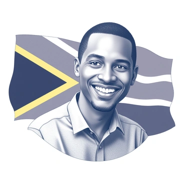 A portrait of a smiling man with distinctive facial features and a bright expression. He is wearing a formal shirt with a patterned design. In the background, there is a large South African flag prominently displayed, with its colors and design clearly visible. The composition highlights the man’s warm smile and the significance of the flag behind him, creating a sense of pride and connection to the South African identity.