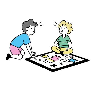 A child with short brown hair is kneeling on a large, colorful mat that features various math puzzles. The child is wearing a bright blue t-shirt and red shorts. Beside them, a friend with curly blonde hair is sitting cross-legged on the mat, wearing a green striped shirt and yellow pants. Both children are smiling and laughing, focused on solving math problems together. Surrounding them are various puzzle pieces and numbers, creating an interactive learning environment.