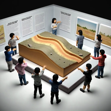 A museum exhibit showcasing a scale model of a normal dip slip fault, meticulously detailed to illustrate the geological features. The model is positioned on a sleek, modern display table, allowing viewers to closely examine its layers and structures. Surrounding the model are several interactive displays, featuring touch screens that provide information about tectonic plate movements, earthquake mechanisms, and real-life examples of normal dip slip faults. The lighting is bright and focused, highlighting the model while creating a professional and educational atmosphere. Various museum visitors, including children and adults, are engaged with the displays, some pointing at the model and discussing its elements.