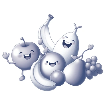 A group of anthropomorphic fruits stands together in a cheerful arrangement. Each fruit has a distinct personality and expression, with wide smiles on their faces. A cheerful apple has arms raised, exuding happiness, while a playful banana leans slightly to the side, showcasing a big grin. A round, cheerful orange sits beside a slightly shy but smiling pear. In the background, a joyful bunch of grapes clusters together, their expressions animated and lively. The fruits are arranged closely, creating a sense of camaraderie among them.