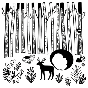 A dense forest filled with tall, intricate trees stretching upward. The trees have detailed bark textures and various leaf shapes. Among the trees, several woodland creatures are visible; a deer stands on the forest floor beside a large boulder, while a rabbit hides among the underbrush. In the background, a pair of squirrels can be seen playfully climbing a tree trunk. Ferns and wildflowers grow close to the ground, adding intricacy to the scene. The overall composition highlights the richness of the forest ecosystem.
