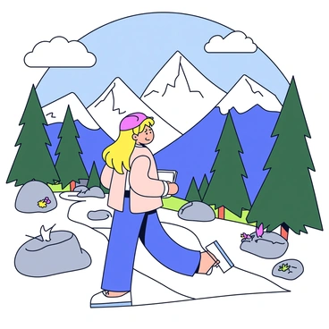 An artist with long, flowing hair wearing a light jacket is walking along a rocky path in the Himalayas. The artist holds a sketchbook in one hand while looking up at the surrounding snow-capped mountains. Tall pine trees and patches of colorful wildflowers line the trail. A bright blue sky stretches overhead with a few fluffy white clouds. The artist appears absorbed in the beauty of the landscape, pausing occasionally to take notes or make quick sketches.