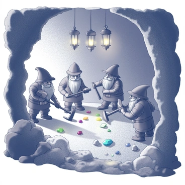 A group of dwarves is engaged in mining activities within a network of underground tunnels. They are utilizing pickaxes to chip away at the rocky walls, where various precious gems are embedded. The tunnels are illuminated by several hanging lanterns, casting warm light over the scene. The dwarves wear sturdy mining gear, including helmets and protective clothing. Some are collecting and examining the gems, while others are focused on mining. The rocky terrain is rugged, with piles of rubble scattered around, and the atmosphere is busy with the sounds of mining work.