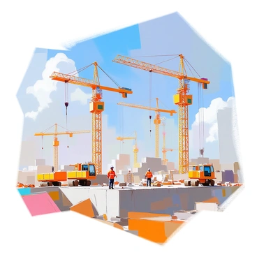 A construction site featuring several large cranes positioned strategically to create distinct angles, specifically angles 2 and 5. The cranes are towering structures with bright yellow paint, positioned at various heights to facilitate the construction process. In the foreground, a concrete foundation is being laid, with workers in safety gear busy at the site. The background showcases blue skies dotted with a few clouds, highlighting the scale of the cranes against the horizon. The overall scene captures the dynamic activity of construction with machinery and equipment scattered around.