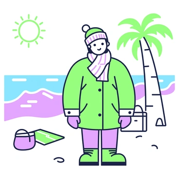 Someone dressed for winter in a sunny beach setting, looking confused