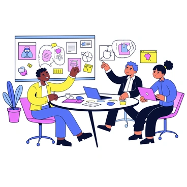 A design team brainstorming vector illustration ideas in a colorful office