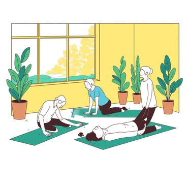 A yellow studio is filled with natural light, showcasing a group of seniors participating in a gentle yoga class. The seniors are positioned on individual teal yoga mats, each engaged in various poses. One senior is in a seated forward bend, another is in a tree pose, while a third is lying back in savasana with a serene expression. The walls of the studio are adorned with plants, adding a touch of green. Large windows reveal a glimpse of a sunny outdoor garden. The atmosphere conveys a sense of calm and relaxation.