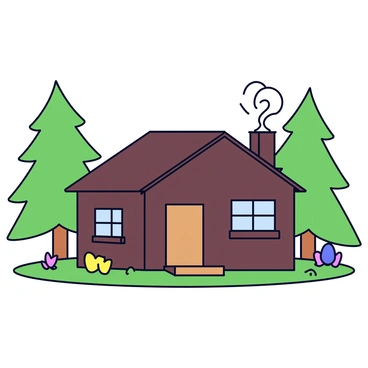 A cozy wooden cabin with a dark brown exterior and a sloped roof. The cabin has small, square windows with white trim and a wooden door. Smoke is curling upwards from the chimney, indicating a warm fire inside. Surrounding the cabin are tall evergreen trees with lush green foliage, creating a sense of seclusion. The ground is covered in soft green grass with patches of colorful wildflowers scattered around.