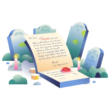 An old love letter with elegant handwriting is gently drifting among gravestones in a forgotten cemetery. The letter features ornate calligraphy and a delicate wax seal. Surrounding the letter, several candles are placed on the ground, casting a warm, flickering glow. The gravestones are covered in patches of moss, and some have intricate carvings. The scene captures a tranquil atmosphere, with shadows dancing softly across the cemetery.