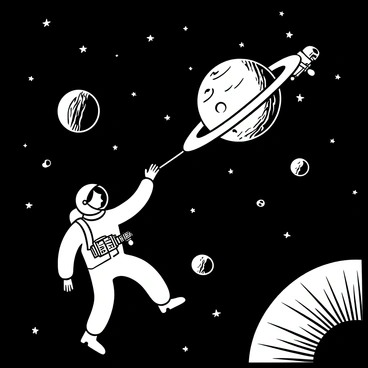 An astronaut in a spacesuit is floating in the vastness of space, tethered to a spacecraft in the background. The astronaut reaches out toward a newly discovered planet, which is depicted with intricate surface details and varying textures. Stars twinkle in the black backdrop of space, enhancing the scene's depth. The planet is surrounded by small floating asteroids, and the astronaut's equipment is detailed with various tools attached to the suit.