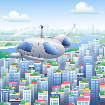 A luxury helicopter with sleek silver body and tinted windows is soaring high above a sprawling urban landscape. Below, a mix of modern skyscrapers with glass facades and traditional buildings form a vibrant city grid. The rooftops are dotted with green terraces and balconies, while busy streets can be seen filled with colorful vehicles. In the distance, a river winds through the city, reflecting the sunlight. Fluffy white clouds are scattered across the blue sky, adding depth to the scene.