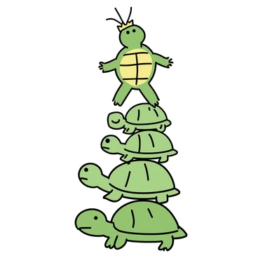 A green turtle named Yertle, wearing a crown, is stacked precariously on top of several smaller turtles. The turtles below are various shades of green, each displaying different patterns on their shells. Yertle is balancing with his limbs extended for stability, while the turtles beneath him are arranged in a pyramid formation. The scene conveys a sense of tension as Yertle looks upward, trying to maintain his position at the top.