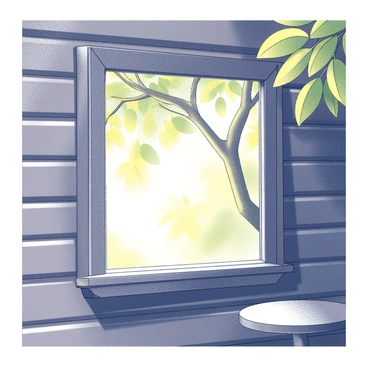 A treehouse window with a wooden frame. The window is set high within the walls of the treehouse, offering a view of the surrounding trees. Outside, leaves in varying shades of yellow and green create a canopy above. Sunlight filters through the leaves, casting intricate shadows on the window sill. The treehouse interior is cozy, with wooden walls and a small table nearby, enhancing the rustic charm of the scene.