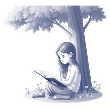 A young girl is seated on the grass, positioned comfortably under a large, leafy tree. She has long hair that is cascading down her shoulders. The girl is holding an open book in her lap, her gaze focused intently on the pages. Surrounding her are scattered wildflowers and blades of grass, creating a natural setting. The tree's branches stretch above her, providing shade as she immerses herself in the story.
