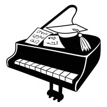 A graduation cap resting on a grand piano with sheet music nearby