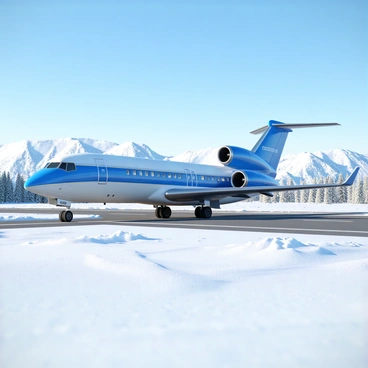A Boeing 727, painted in a bright blue and white color scheme, is landing on a snow-covered runway. The aircraft's landing gear is extended, and the flaps are deployed, creating a dynamic sense of motion. The runway is lined with snowbanks, and flakes gently fall around the scene, creating a winter atmosphere. In the background, majestic mountains rise with peaks covered in snow, contrasting against a clear blue sky. The entire scene captures the essence of winter travel in a mountainous region.