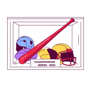 A red baseball bat is prominently displayed in a white trophy case. The trophy case is filled with various sports memorabilia, including a blue soccer ball, a yellow football helmet, and a purple basketball. The background of the case features a white shelf that highlights the bat's polished surface, while the other items are arranged around it, showcasing their distinct features. A small plaque in front of the bat reads "Championship Series 2022" in clear lettering.