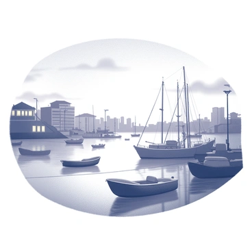 A harbor scene at dusk, featuring several boats gently bobbing on the water's surface. The boats are various sizes, some with masts, while others are small fishing vessels, each exhibiting different shapes and designs. The water reflects the light from nearby buildings and lampposts, creating soft highlights on the surface. The sky above transitions from light to dark, with hints of clouds scattered throughout. The overall atmosphere conveys a tranquil and peaceful setting, with the harbor becoming a focal point of activity.