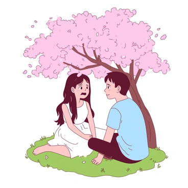 Two high school students are sitting on a grassy patch under a blooming cherry blossom tree. The tree is adorned with delicate pink flowers, some petals gently falling around them. One student, a girl with long black hair wearing a white dress, sits cross-legged, her cheeks slightly flushed as she glances shyly at the boy beside her. The boy, with short brown hair and wearing a light blue shirt, looks back at her with a soft smile, his face also showing a hint of blush. They both appear nervous yet excited, surrounded by the soft pink blossoms.