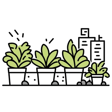 A rooftop garden filled with various green plants in a bustling city setting. The plants are arranged in pots of different sizes, thriving under sunlight. A few tall buildings are visible in the background, showcasing the urban environment. The leaves of the plants have a vibrant green color, indicating their health. A gentle breeze can be seen causing slight movement in the leaves, symbolizing the process of absorbing carbon dioxide. There are small decorative stones scattered around the base of the plants, adding to the garden's aesthetic.