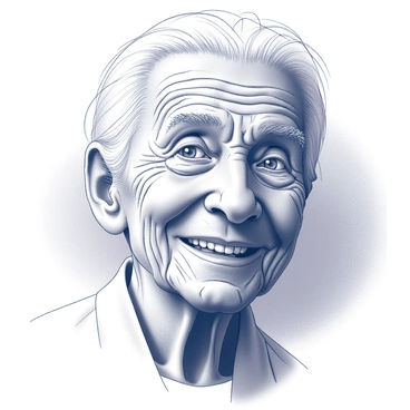 A close-up portrait of an elderly person. The subject has deep-set wrinkles showcasing a life full of stories. Their wise eyes are slightly squinted, reflecting a mix of joy and sorrow. The hair is thin and wispy, framing the face with a few strands falling across the forehead. The lips are thin and slightly curved into a gentle smile. The background features soft, blurred lines, enhancing the focus on the facial features. The entire composition is rendered with expressive charcoal strokes, highlighting the textures of the skin and the intensity of the gaze.