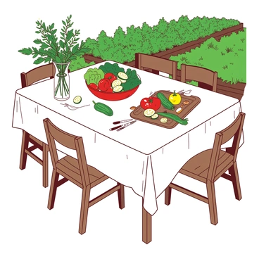 A white dining table is beautifully set with a vibrant meal, showcasing a variety of fresh vegetables and herbs. The meal includes a colorful salad made with greens, ripe tomatoes, and sliced cucumbers, all arranged in an elegant bowl. Next to the bowl, there is a rustic wooden platter adorned with grilled vegetables, including zucchini and bell peppers. A small vase filled with fragrant herbs, like basil and thyme, sits beside the meal. The table is surrounded by four wooden chairs, and in the background, a lush potager garden can be seen, with plants and herbs growing in neat rows.